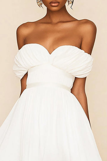 White Off The Shoulder A Line Chiffon Pleated Short Graduation Dress
